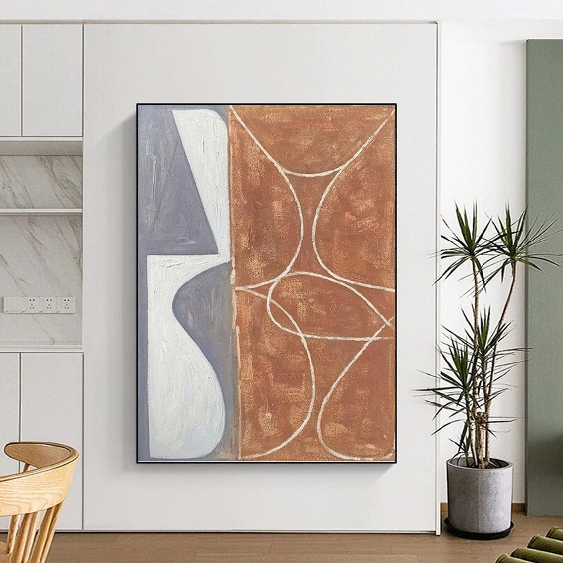 Gray, White, and Brown - Geometric and Curved Painting On Canvas DKH1138