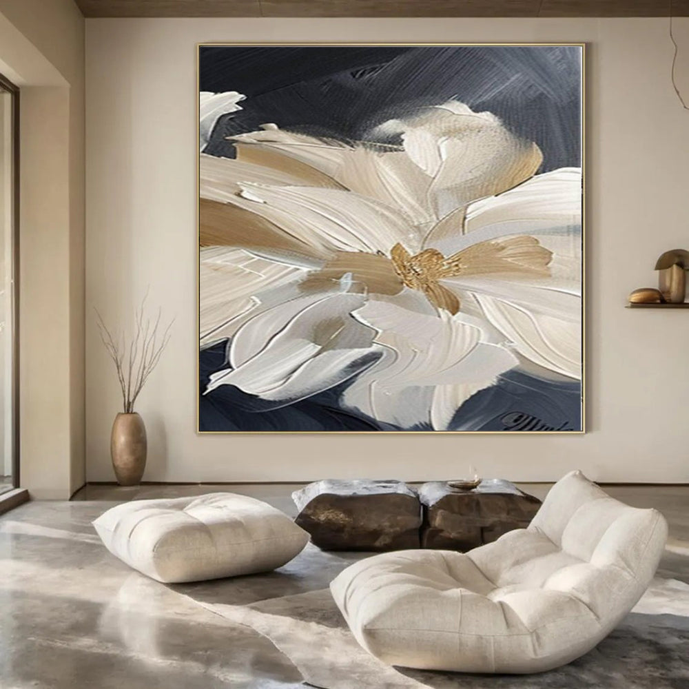 “Textured Beige - White Floral on Black (Close - up)” – Impasto Floral Painting CT1092