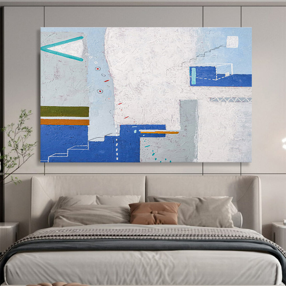 Color - Blocked Geometry with Blue, White, and Earth Tones, Abstract Cityscape Painting On Canvas DKH571