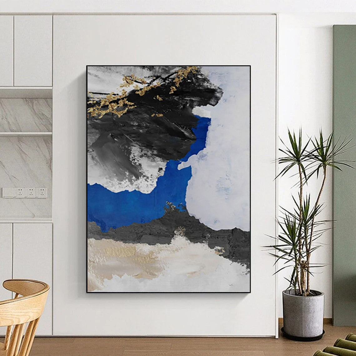 “Black - Blue - Gold Abstract Ink - Inspired” Painting On Canvas DKH1231
