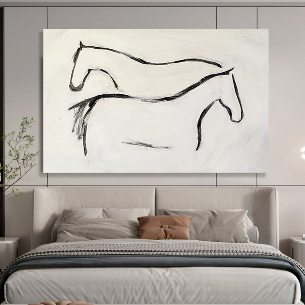 “Ink - Drawn Equine Silhouettes” - Black, White Minimalist Horse Painting On Canvas DKH751