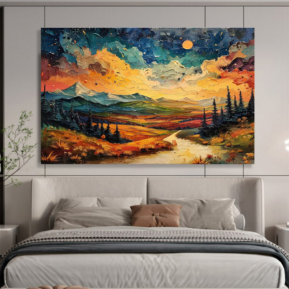 “Vibrant Mountain Sunset”:Colorful Impasto Landscape Painting On Canvas DKH252