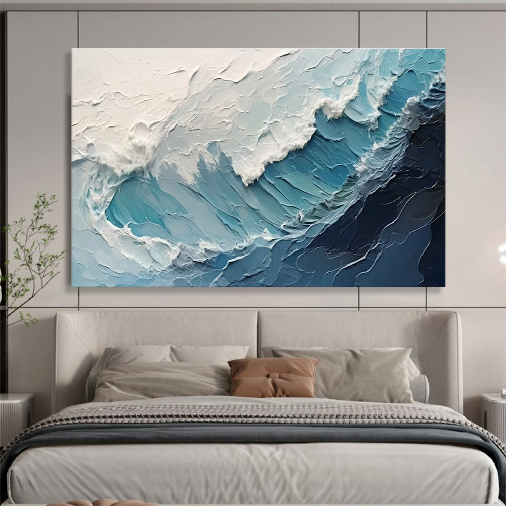 Textured Ocean Waves - Blue & White Impasto Sea Painting On Canvas DKH872