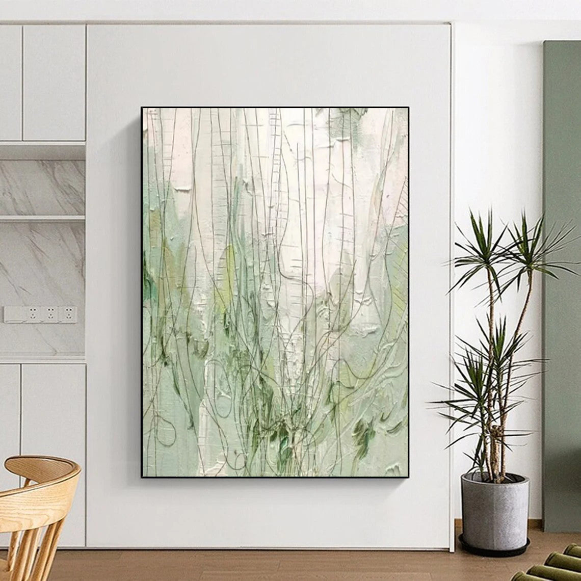 Green & White Textured Lines - Abstract Line - Art Painting On Canvas CT2280