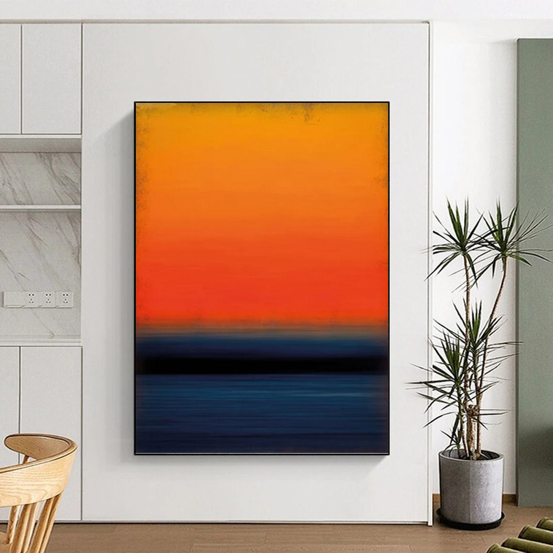 “Vibrant Sunset Stripes with Deep Blue” - Bold Color Field Sunset Painting On Canvas DKH1603