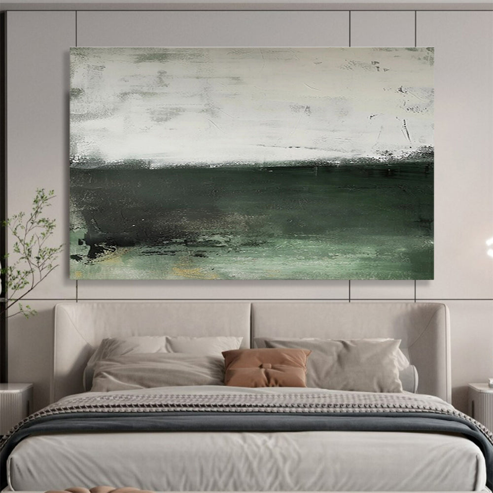 Muted Green and White Horizons Subtle Color Block Abstract Painting On Canvas DKH264
