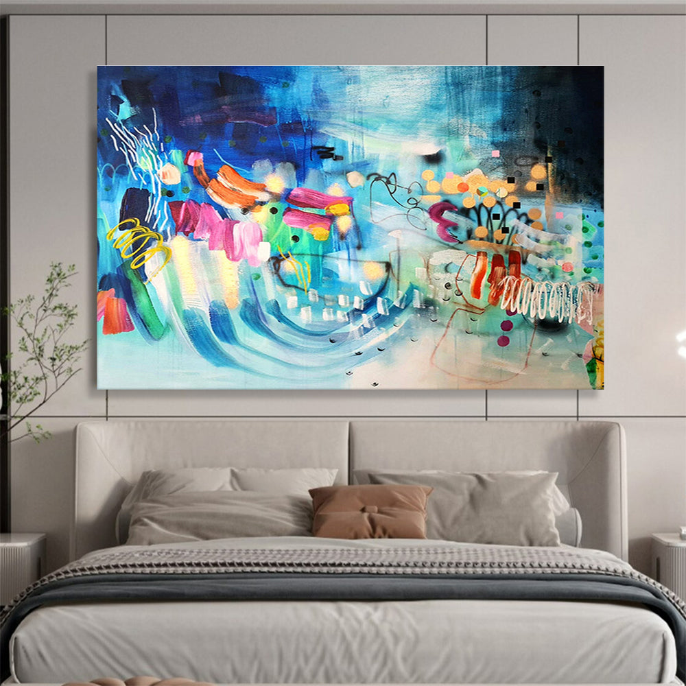 Blue Abstract with Colorful Forms - Eclectic Shapes and Lively Marks Painting On Canvas DKH064