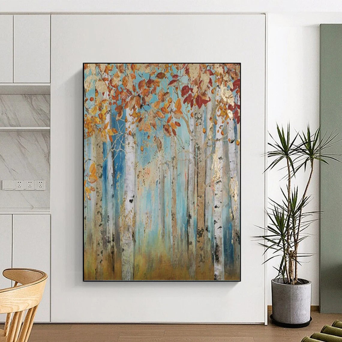 Autumn Birch Forest with Gold Accents - Landscape Painting On Canvas DKH1437