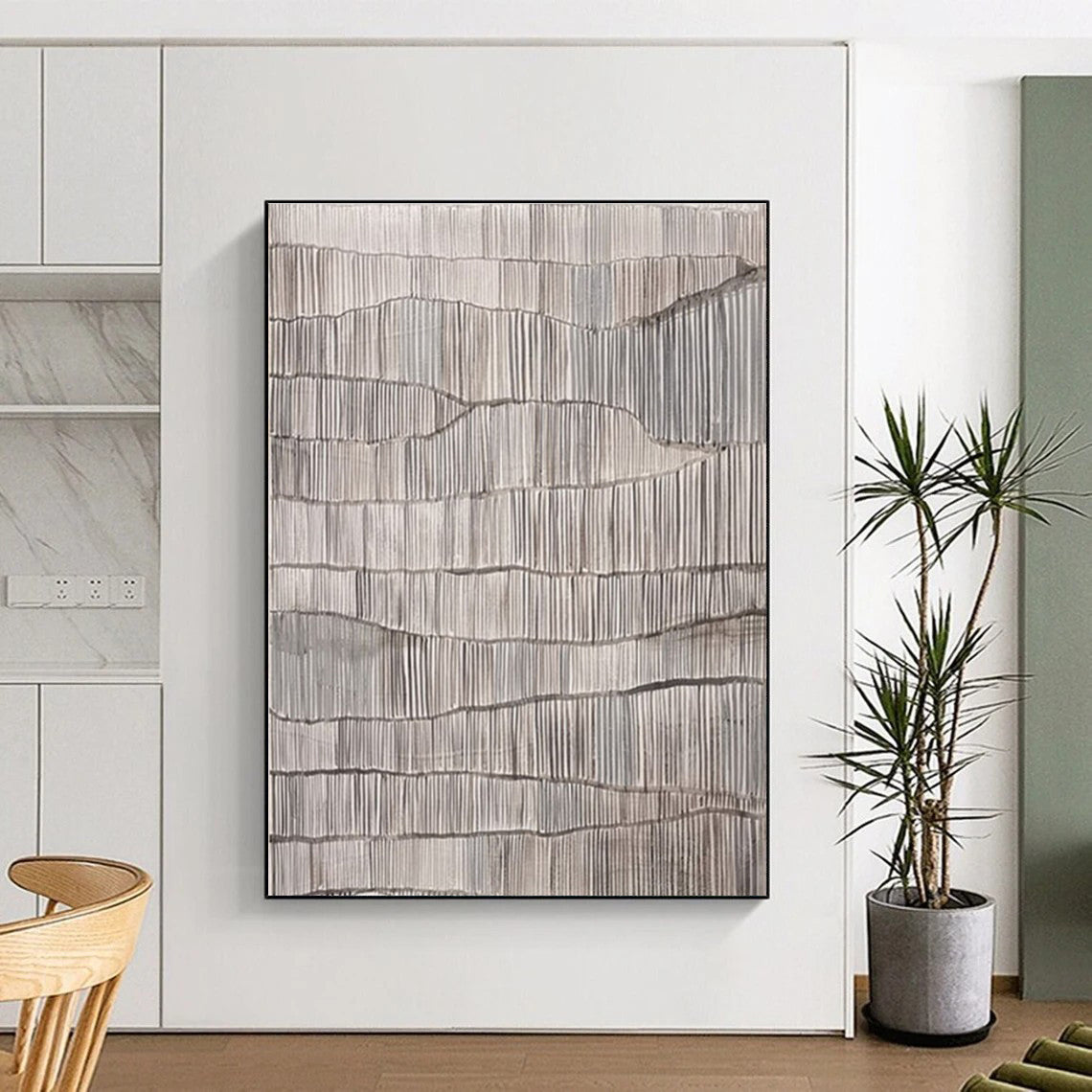 Gray - White Wavy Lines, “Rippled Stillness” - Minimalist Abstract Acrylic Painting CT0719