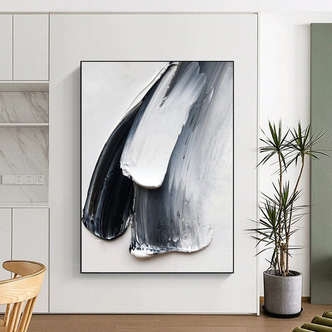 “Black - White - Gray Textured Strokes” - Minimalist Impasto Painting On Canvas DKH1676