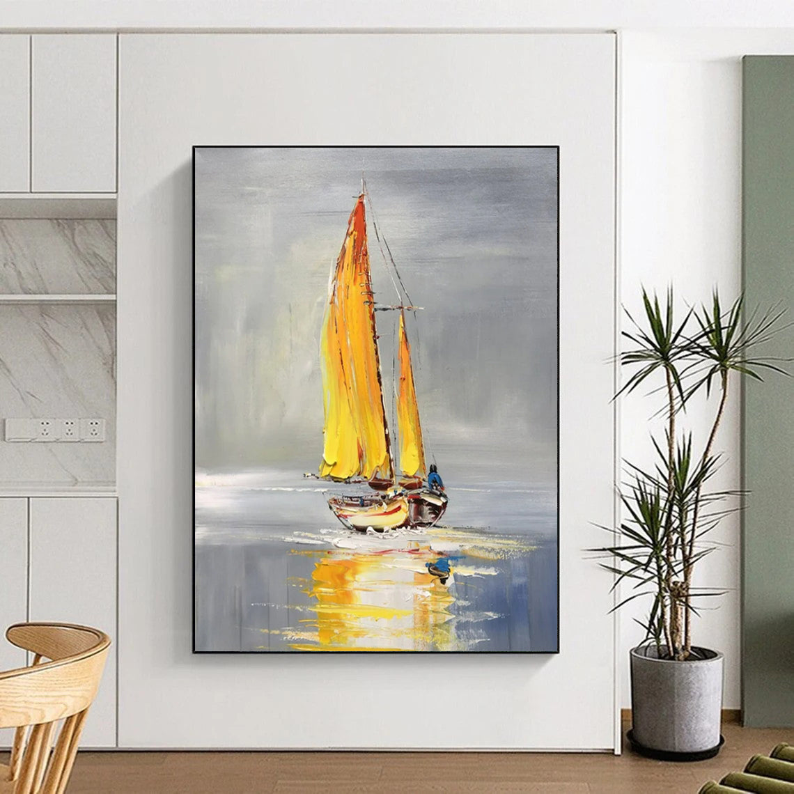 “Yellow - Sailed Boat” - Gray & Yellow Sailboat Painting On Canvas CT2198