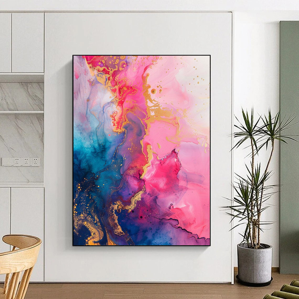 “Pink - Blue Gold Swirl” - Pink, Blue, Gold Fluid Abstract Painting On Canvas DTP286