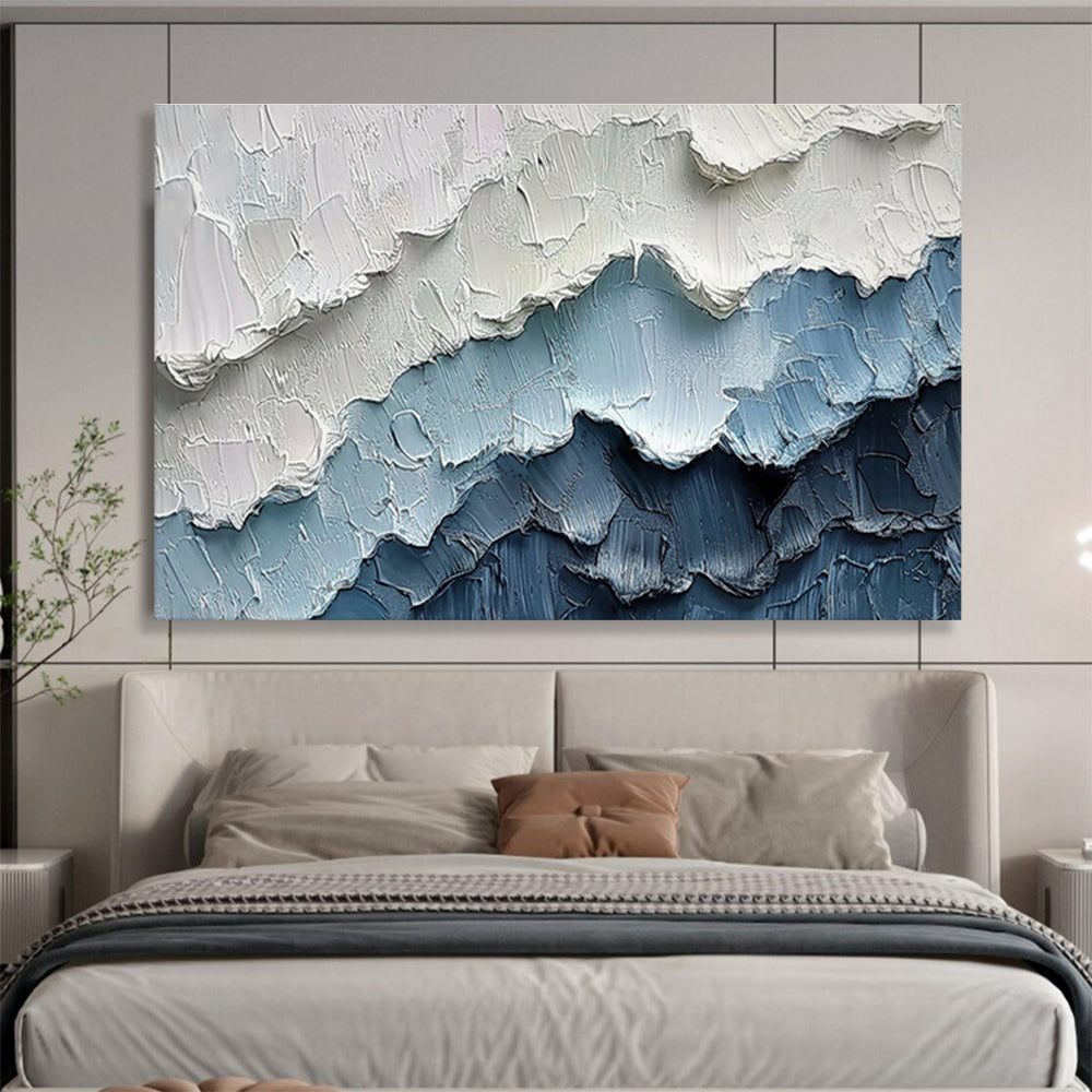 3D Textured Mountain Ranges - Blue and White Impasto Layers Painting On Canvas DKH049