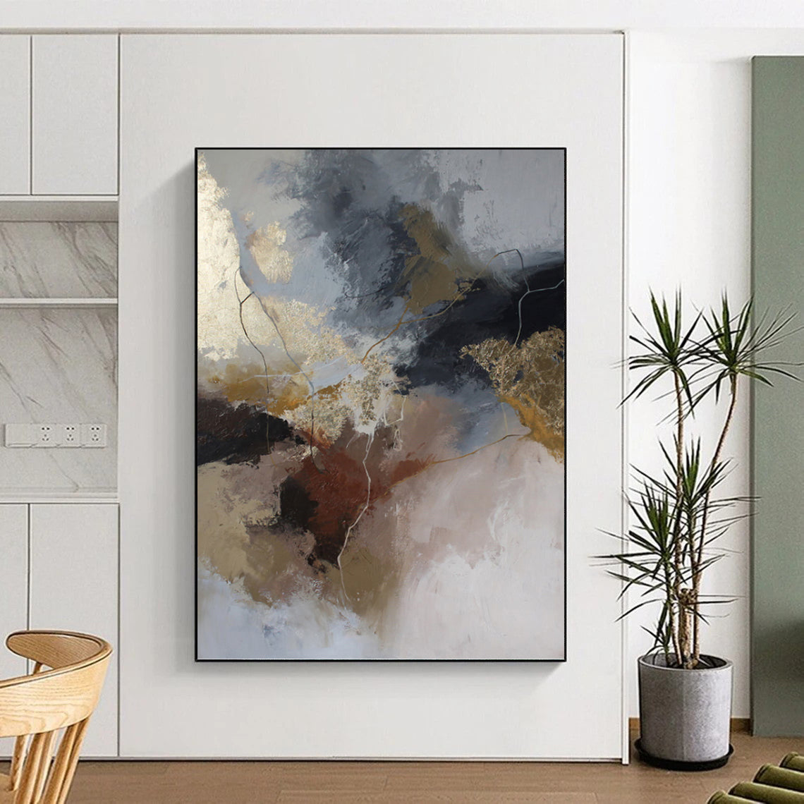 “Neutral & Gold Abstract Fusion” - Gray, Brown, Gold & White Expressionistic Painting On Canvas DKH1017