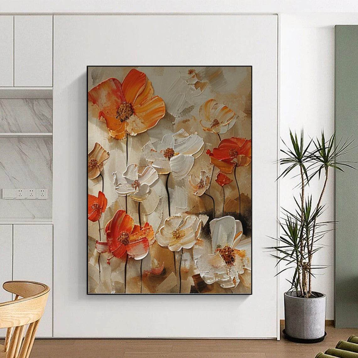 Orange and White Floral Relief - Impasto Flower Painting On Canvas DKH1399