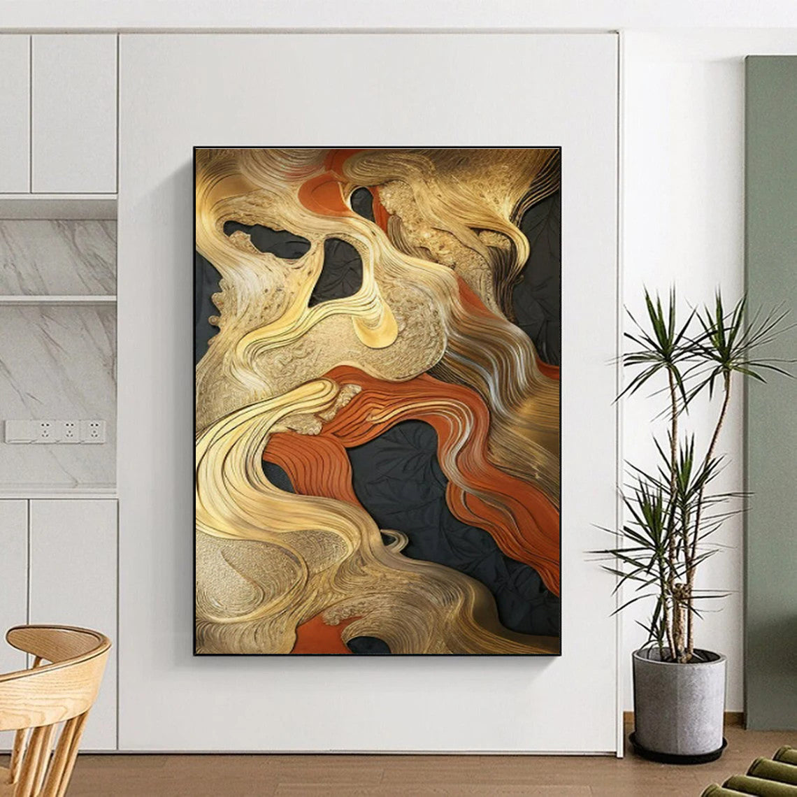 “Gold - Red - Black Abstract Waves” ,Abstract Textured Painting CT0822