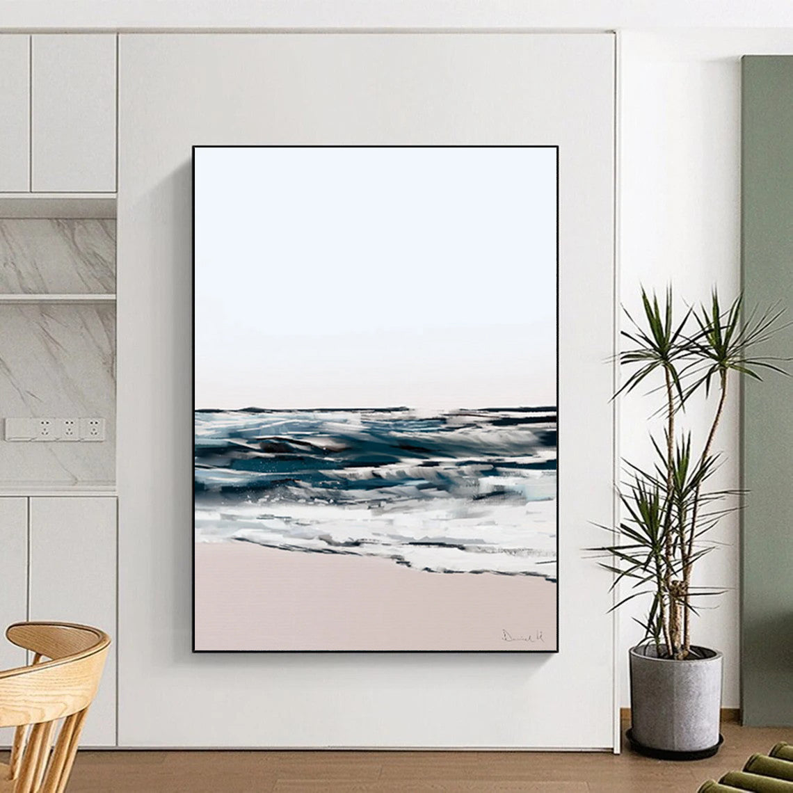 “Abstract Coastal Waves” - Blue, White, and Pink Abstract Painting On Canvas DTP208