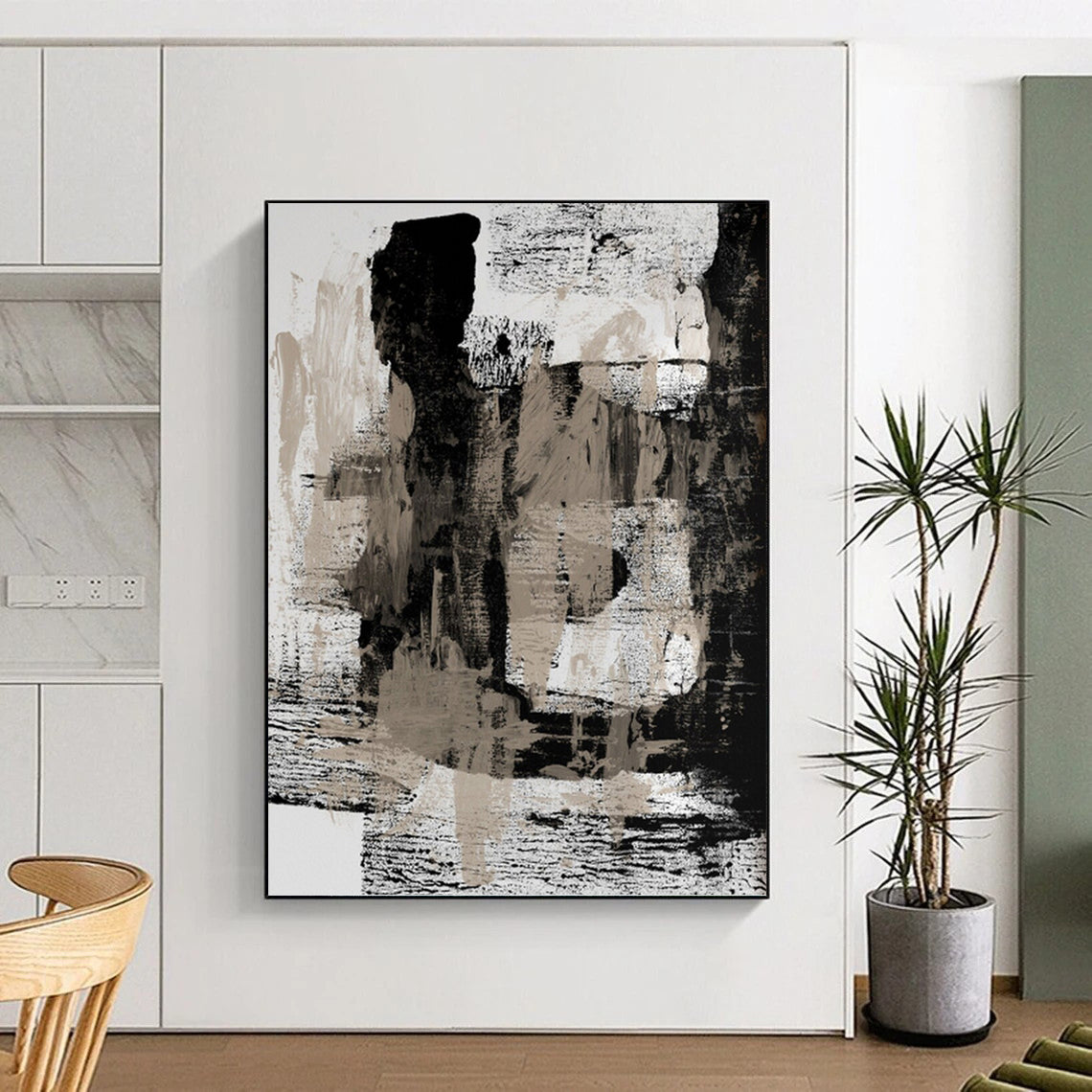 “Monochrome Abstract Layers” - Black, White & Beige Textured Painting On Canvas DKH0967