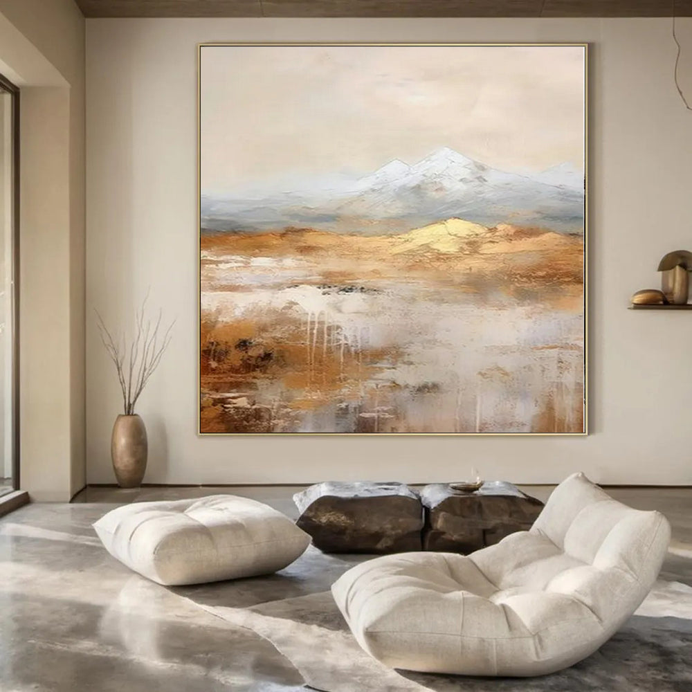 Golden Desert and Snowy Peaks - Abstract Landscape Oil CT1219