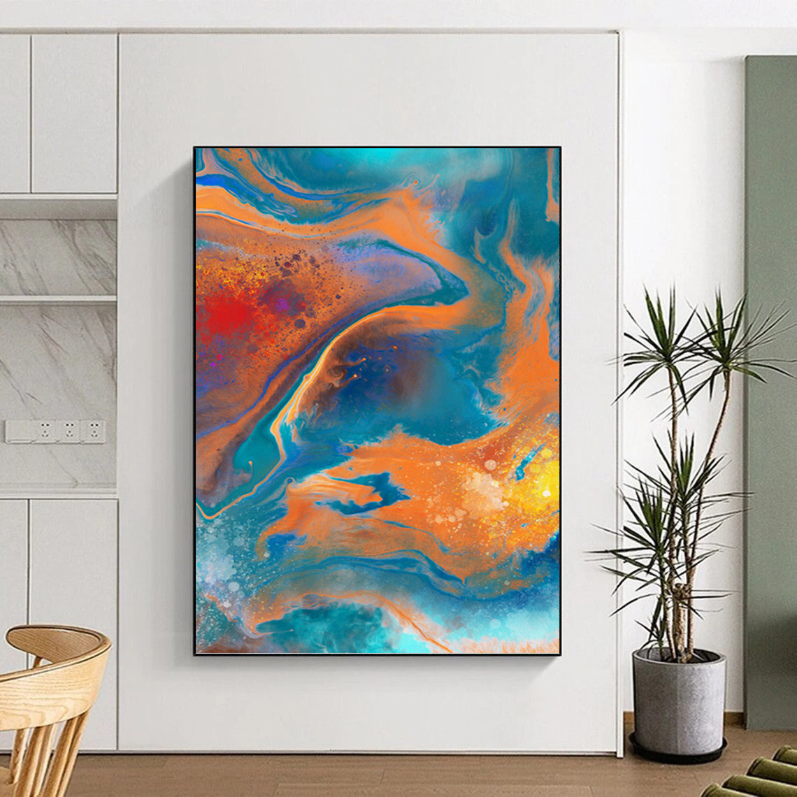 “Vibrant Fluid Abstraction” - Blue, Orange & Red Marbled - Effect Painting On Canvas DKH0940