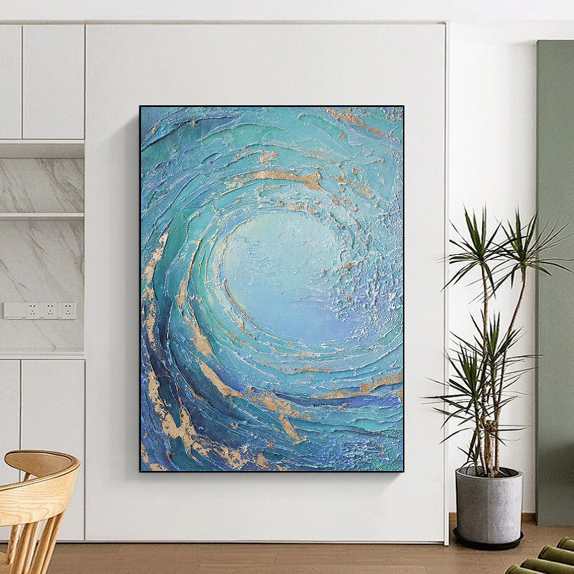 “Blue, Green, Gold Swirling Vortex ‘Oceanic Energy’” - Impasto Sea - Inspired Painting On Canvas DTP332