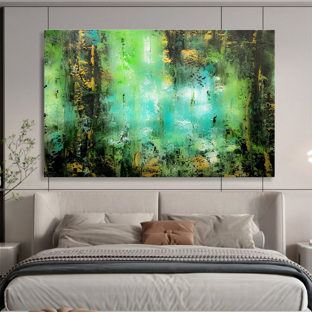 “Emerald & Gold Forest Whispers” - Green, Blue & Yellow Abstract Landscape Painting On Canvas DKH921