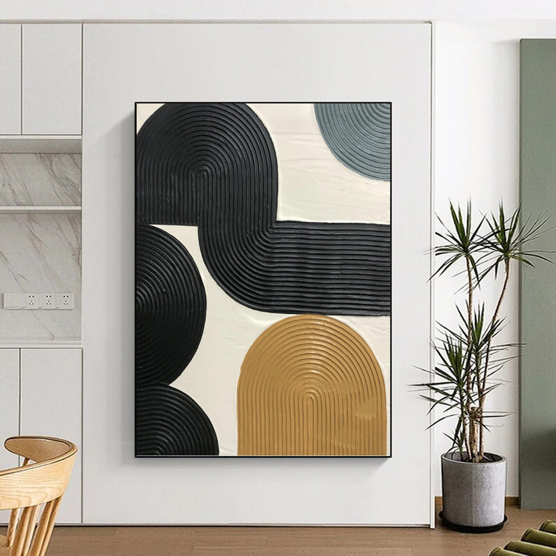 “Interlocking Ribbon Forms” - Black & Tan Textured Geometric Painting On Canvas DKH1178