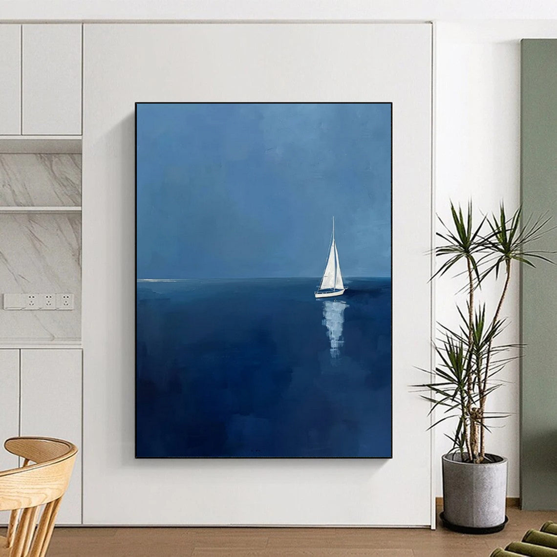 “Sailboat at Sea” - Blue & White Seascape Painting On Canvas CT2230
