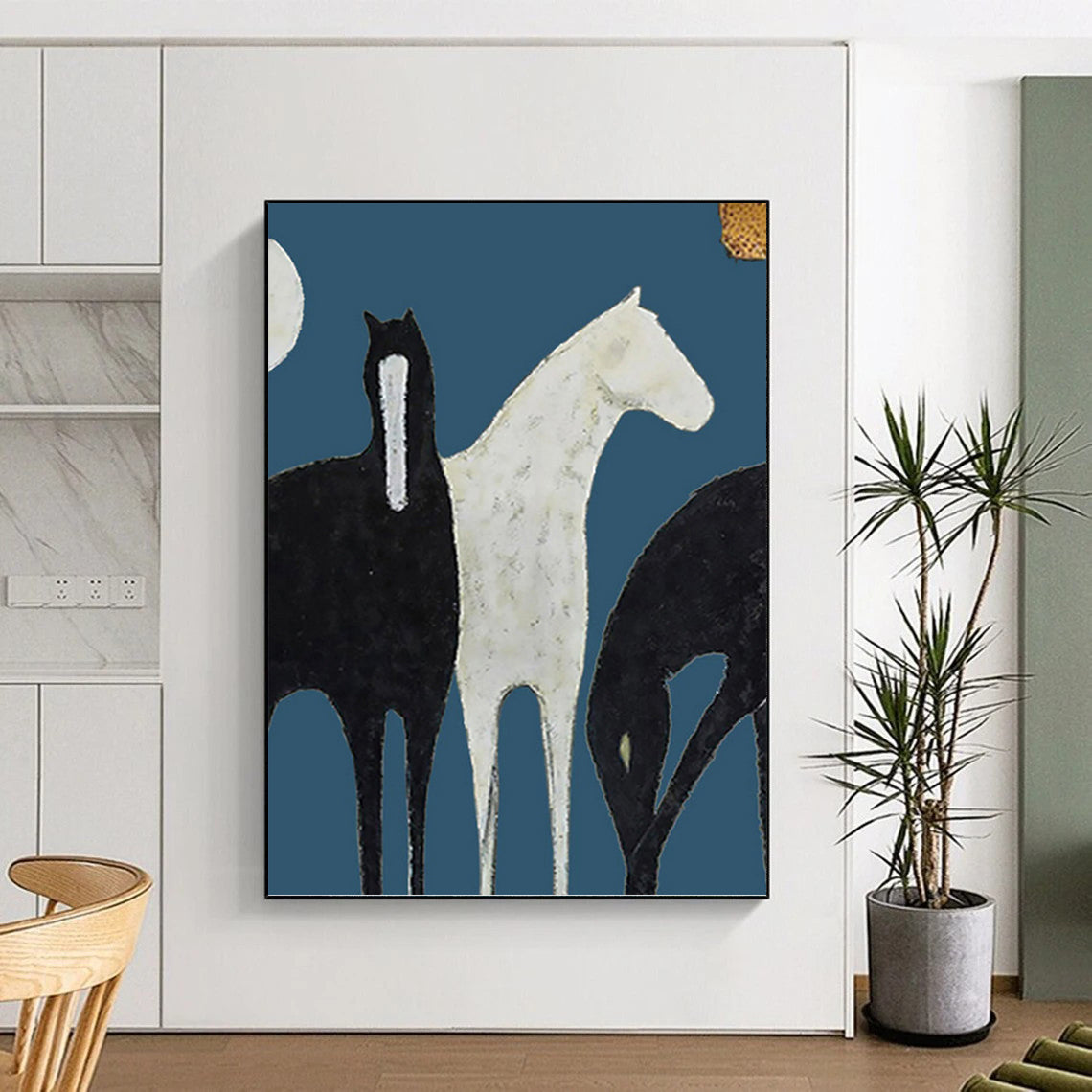 Stylized Black and White Horses on Blue - Equine Painting On Canvas DKH1440