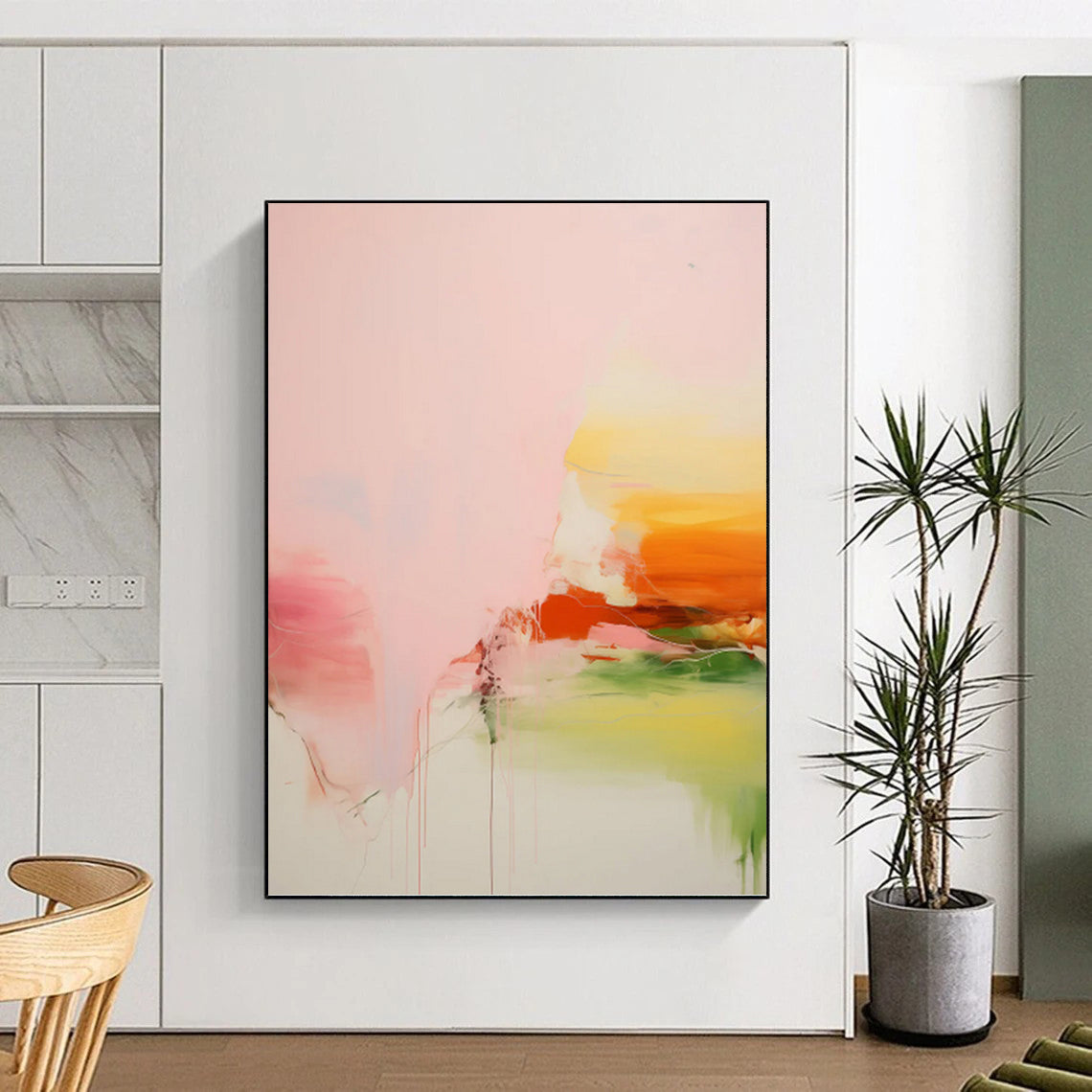 “Pink, Orange & Green Fluid Abstract Drip” Painting On Canvas DKH0991