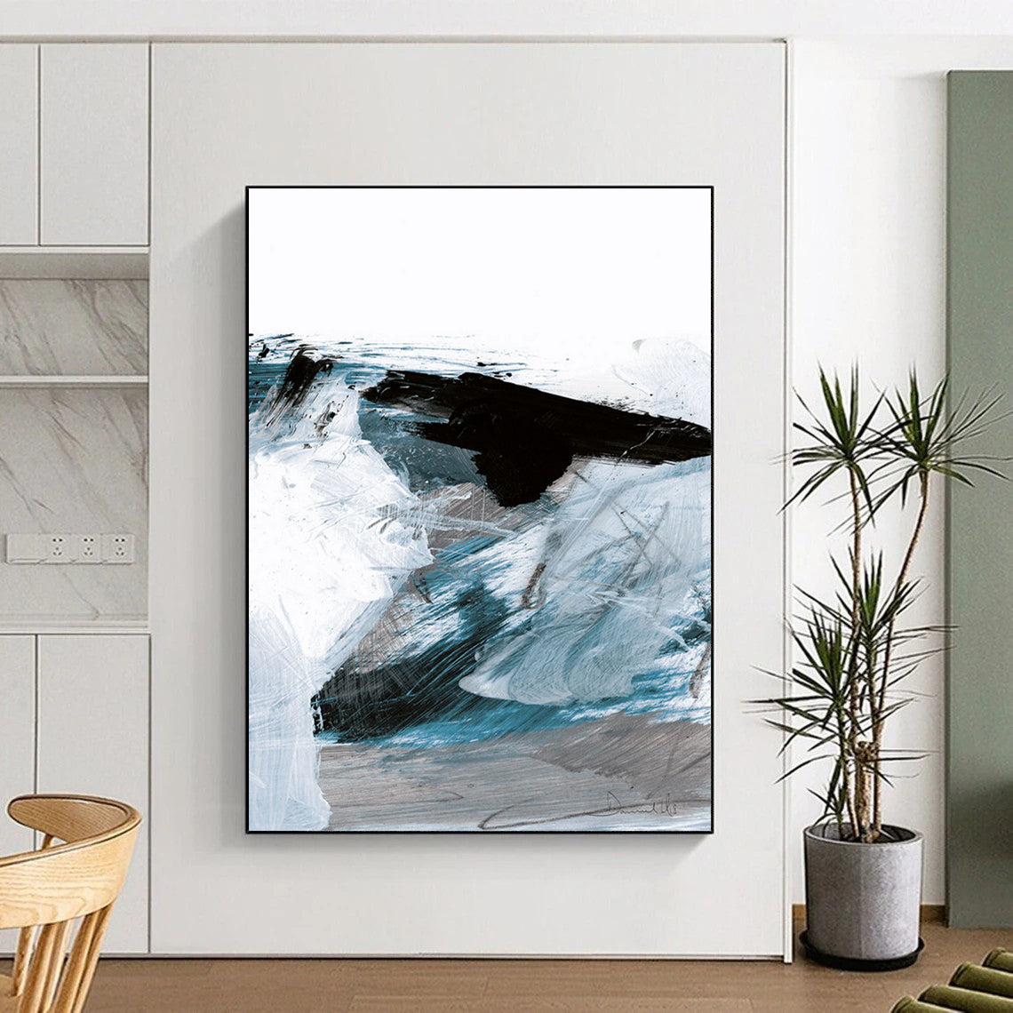 “Dynamic Blue Abstract Waves” - Blue, White, Black Abstract Painting On Canvas DTP220