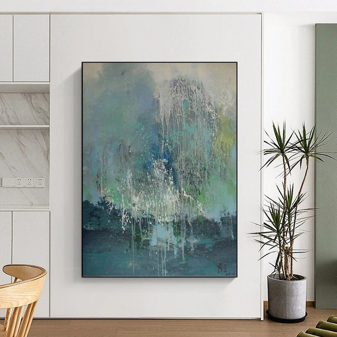“Colorful Dripping Abstract” - Blue, Green, White & Gray Dripping Abstract Painting On Canvas DKH1199