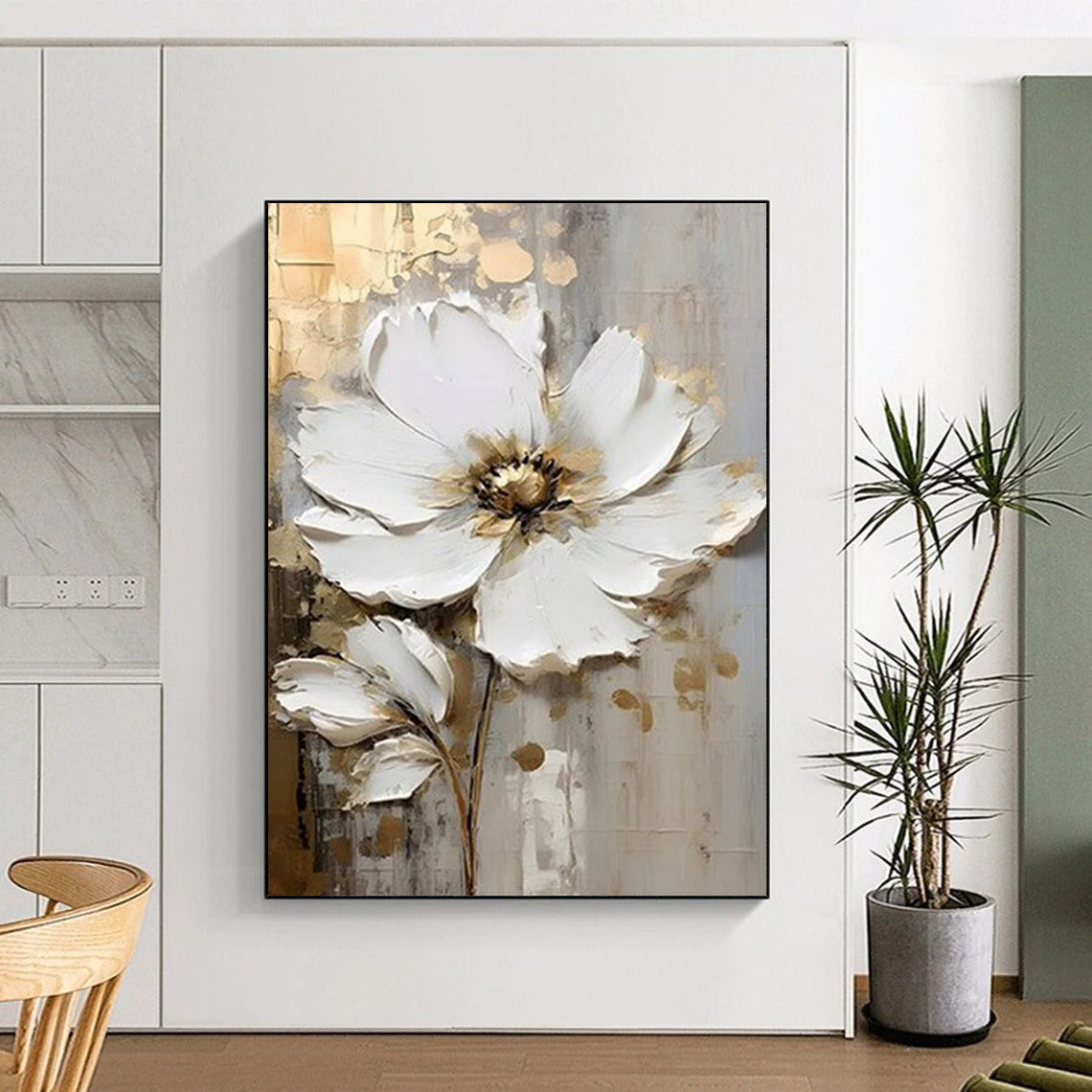 “Textured White Floral” - White, Gold, Gray 3D Flower Painting On Canvas DTP300