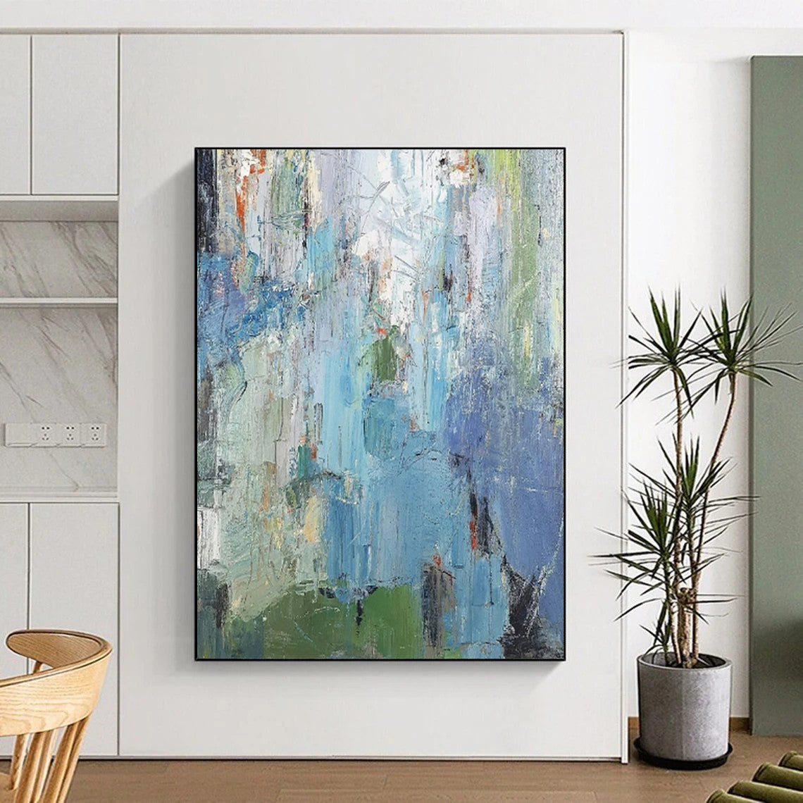 Blue & Green Textured Abstraction - Impasto - Style Abstract Painting On Canvas CT2262