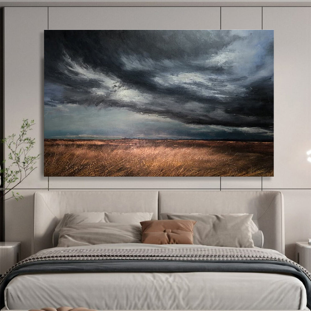 “Dark Stormy Sky Over Fields” - Powerful Landscape Painting On Canvas DKH779