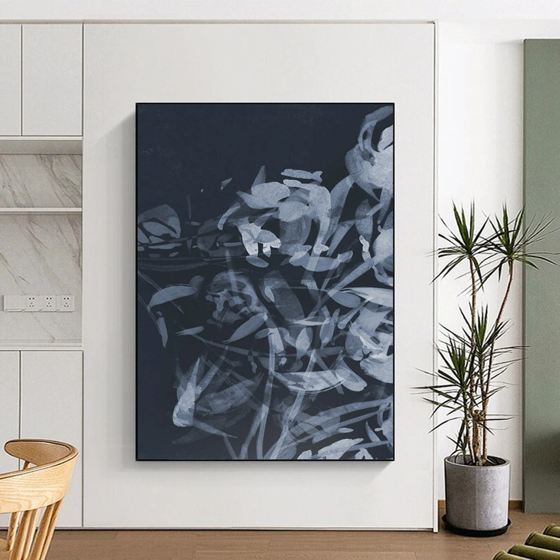 “Indigo Floral Abstraction” - Dark Blue, Light Blue Floral Painting On Canvas DTP240