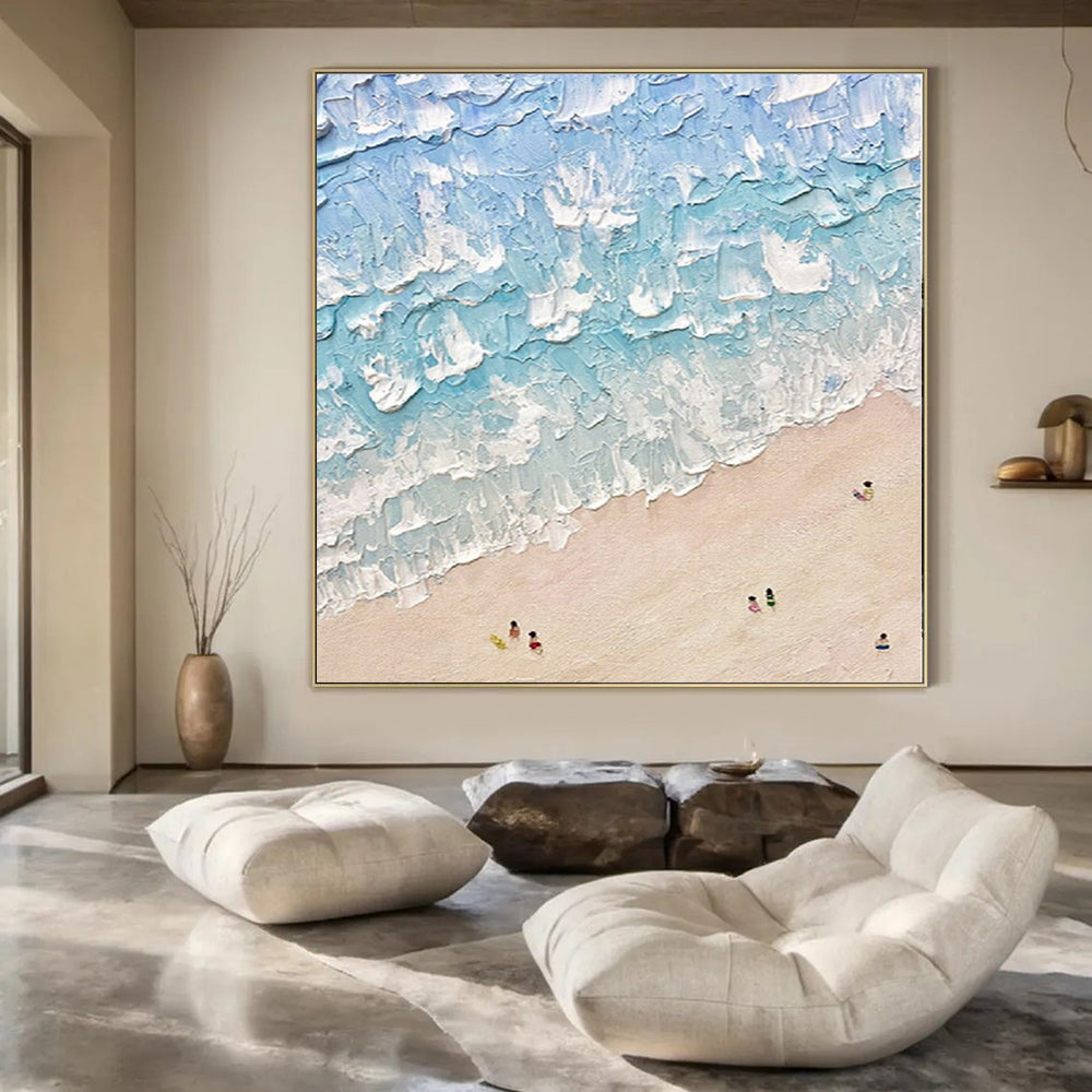 “Textured Blue - White Beach Scene” – Impasto Seascape Painting CT1129