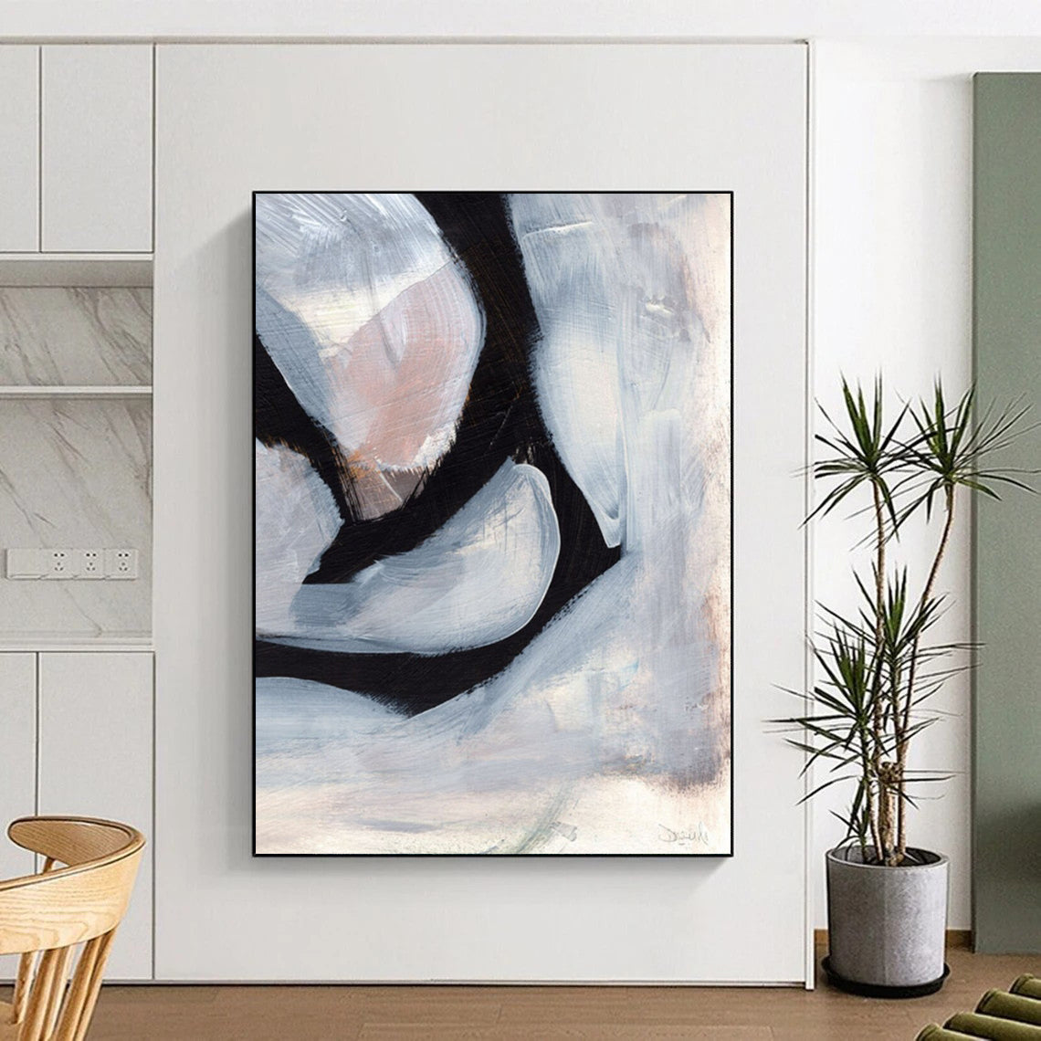 “Black & White Abstract Shapes” - Black, White Abstract Painting On Canvas DTP228