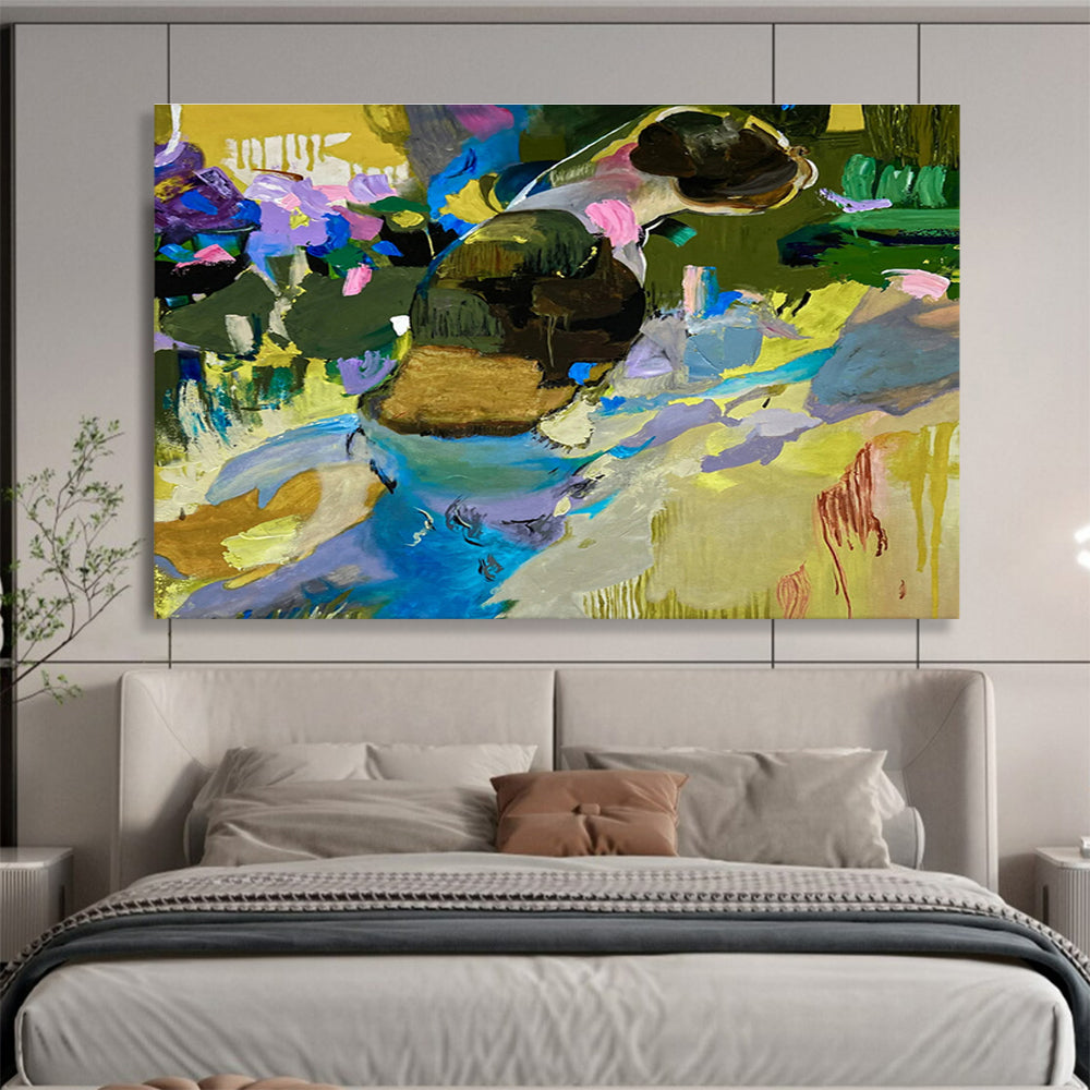 “Color - Drenched Feline in a Garden Dream” - Purple, Blue & Yellow Figurative Abstract Painting On Canvas DKH923