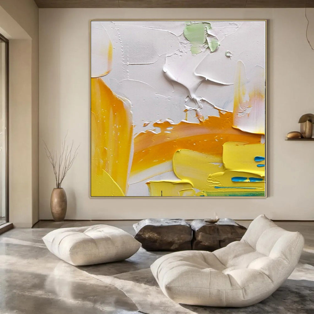 Bright Yellow & White Textured Abstraction - Impasto Abstract Acrylic On Canvas CT1346