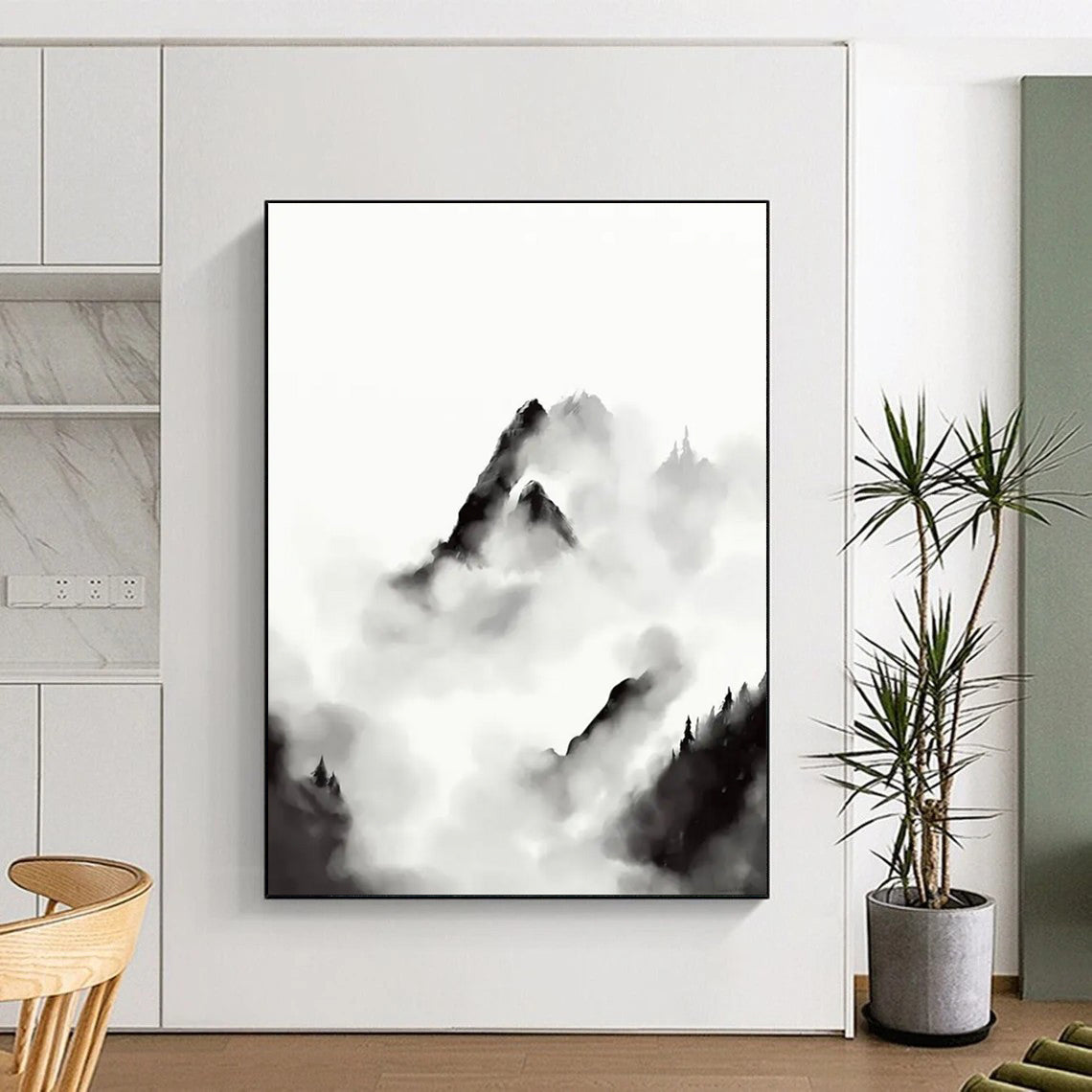 “Ink - Wash Mountain Clouds” - Black and White Ink - Wash Painting On Canvas DTP207