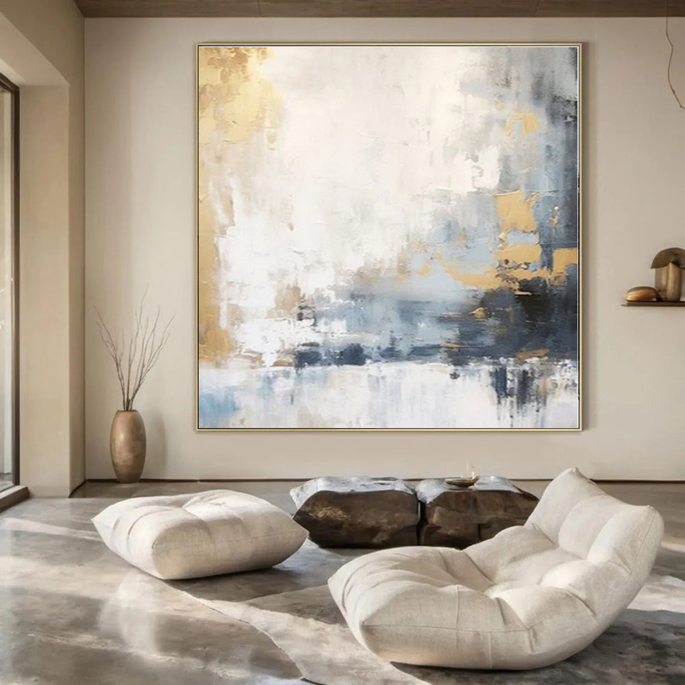 Neutral Tones with Gold & Blue - Abstract Expressionist Acrylic On Canvas CT1339
