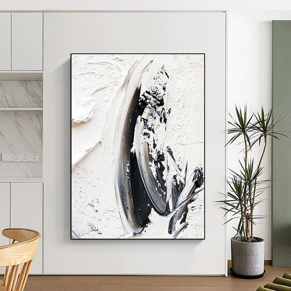 “Monochrome Drama, Thick Black - White Textures” - “Shadow Play”,Textured Acrylic Painting CT0701