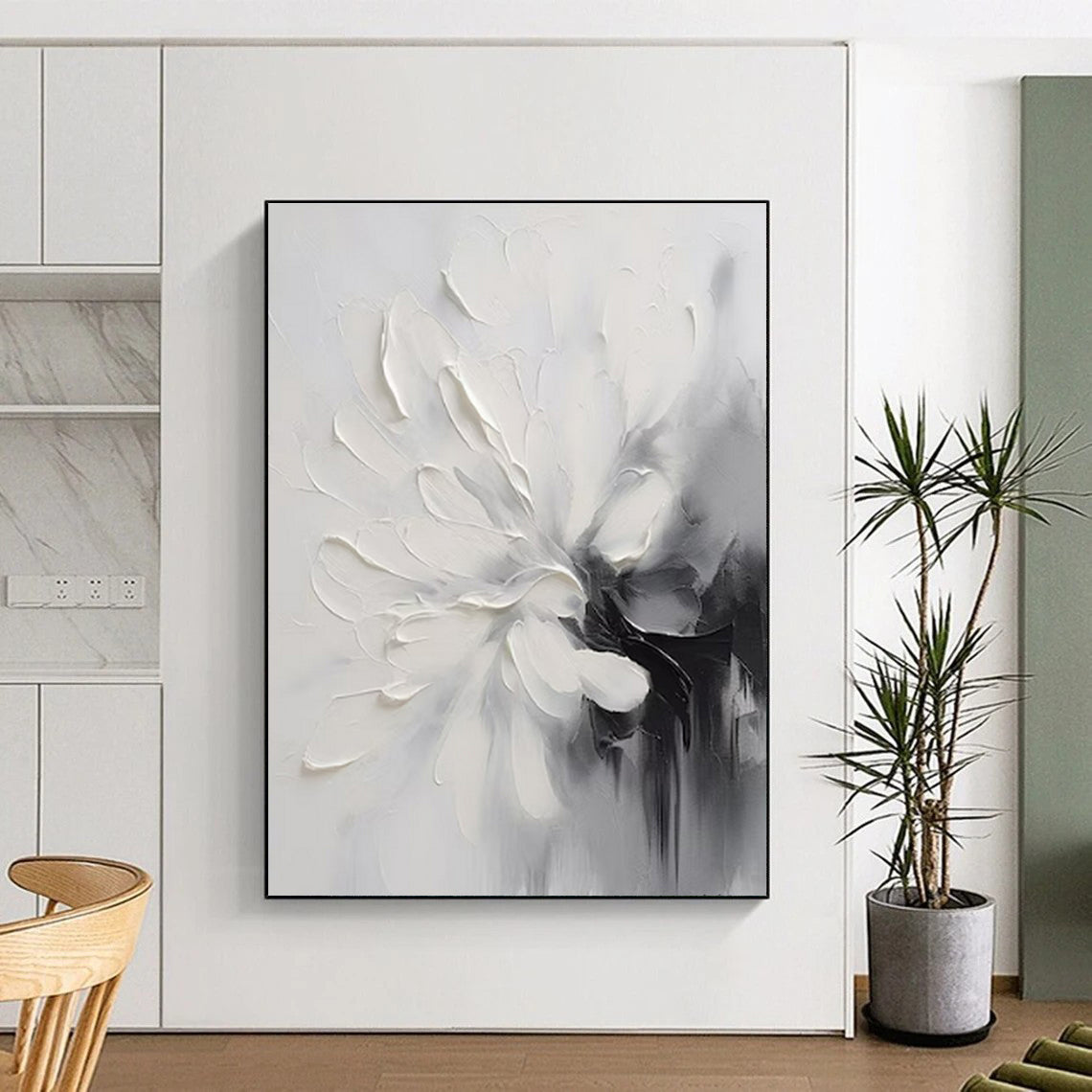 Black, White & Gray Textured Flower, “Monochrome Bloom” - Impasto Floral Painting CT0767