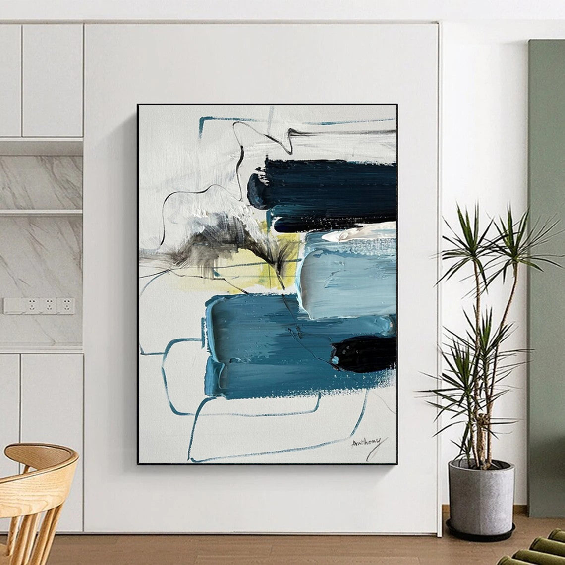 Blue, Black, White & Yellow Abstract Layers, “Oceanic Pulse” - Impasto Abstract Painting CT0779