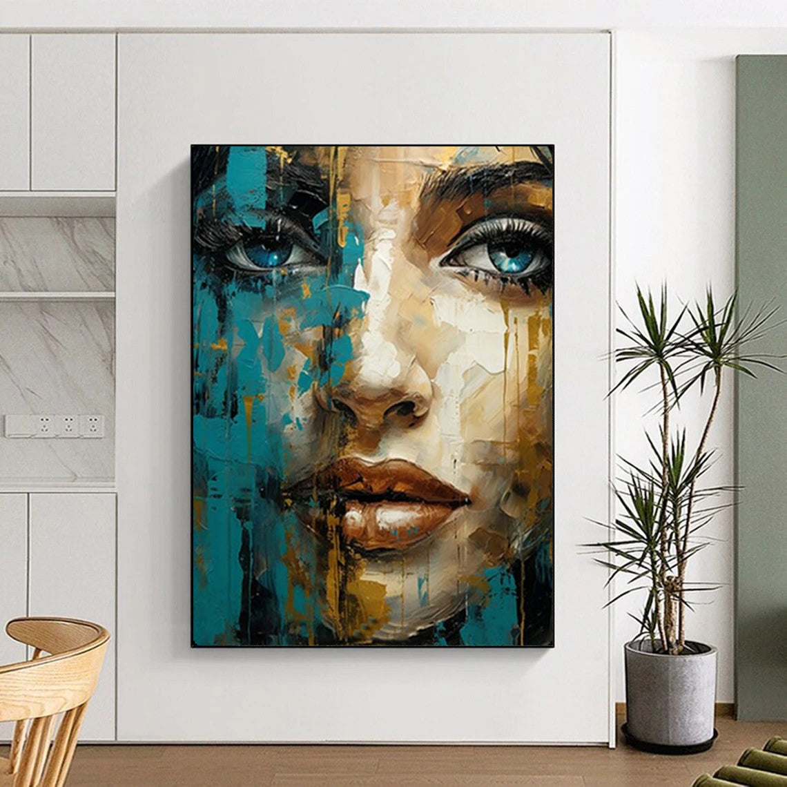 “Blue and Gold Abstract Portrait” – Expressive Oil Painting On Canvas CT2132