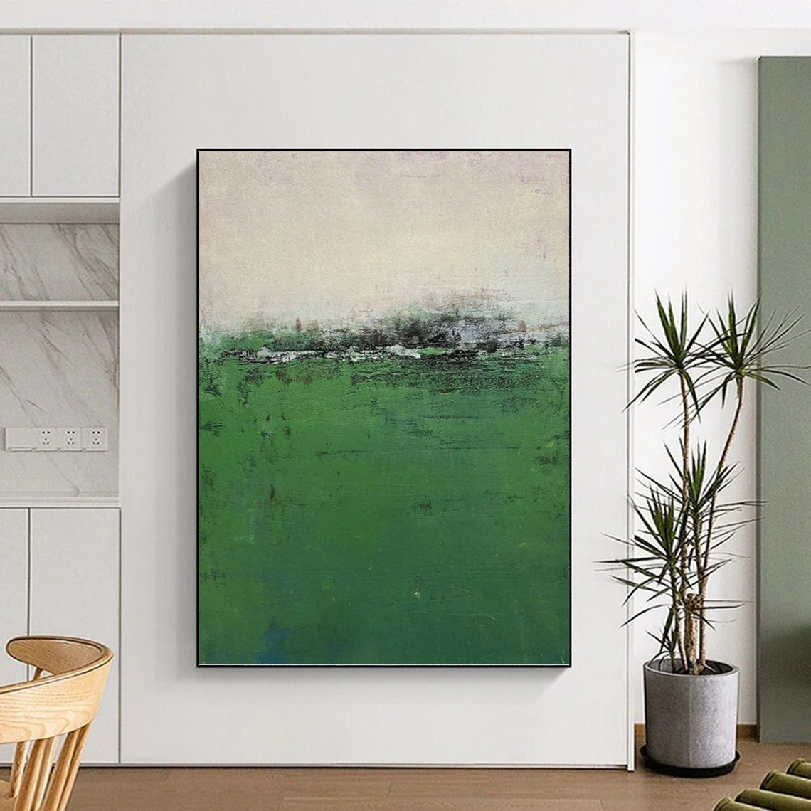 “Misty Green Field” - Green & Gray Abstract Landscape Painting On Canvas DKH1207