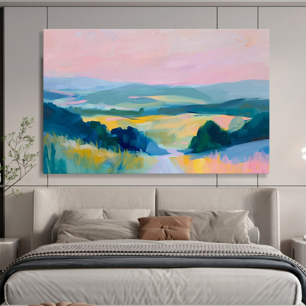 Vibrant Valley Vista Pink Blue Green Landscape Painting On Canvas DKH210