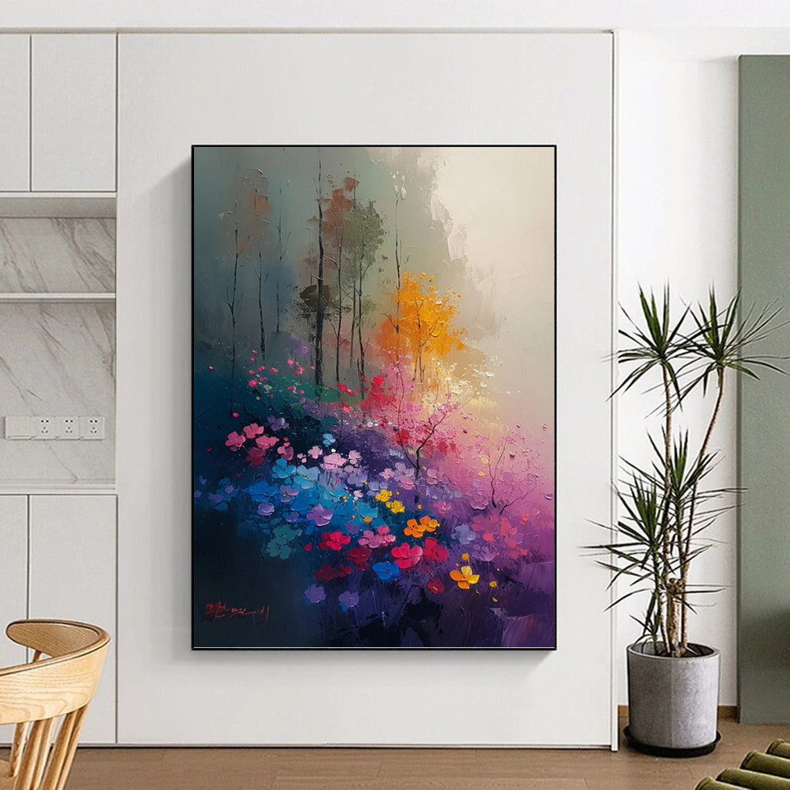 “Enchanted Garden” - Colorful Flowers and Trees Abstract Landscape Painting On Canvas DKH1533