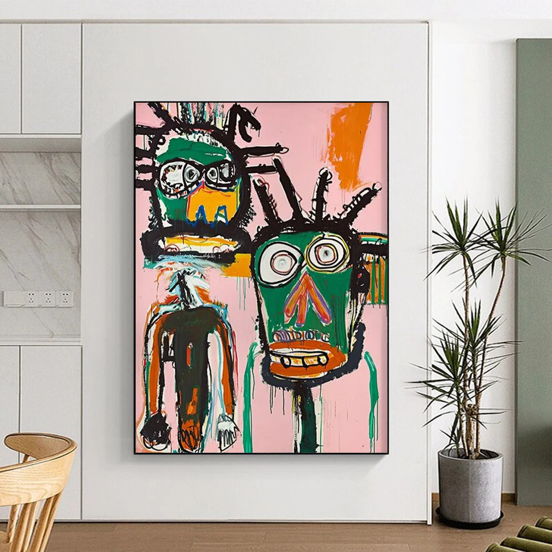 “Dual Tribal Figures on Pink” - Basquiat - Inspired Street Art Painting On Canvas DTP106